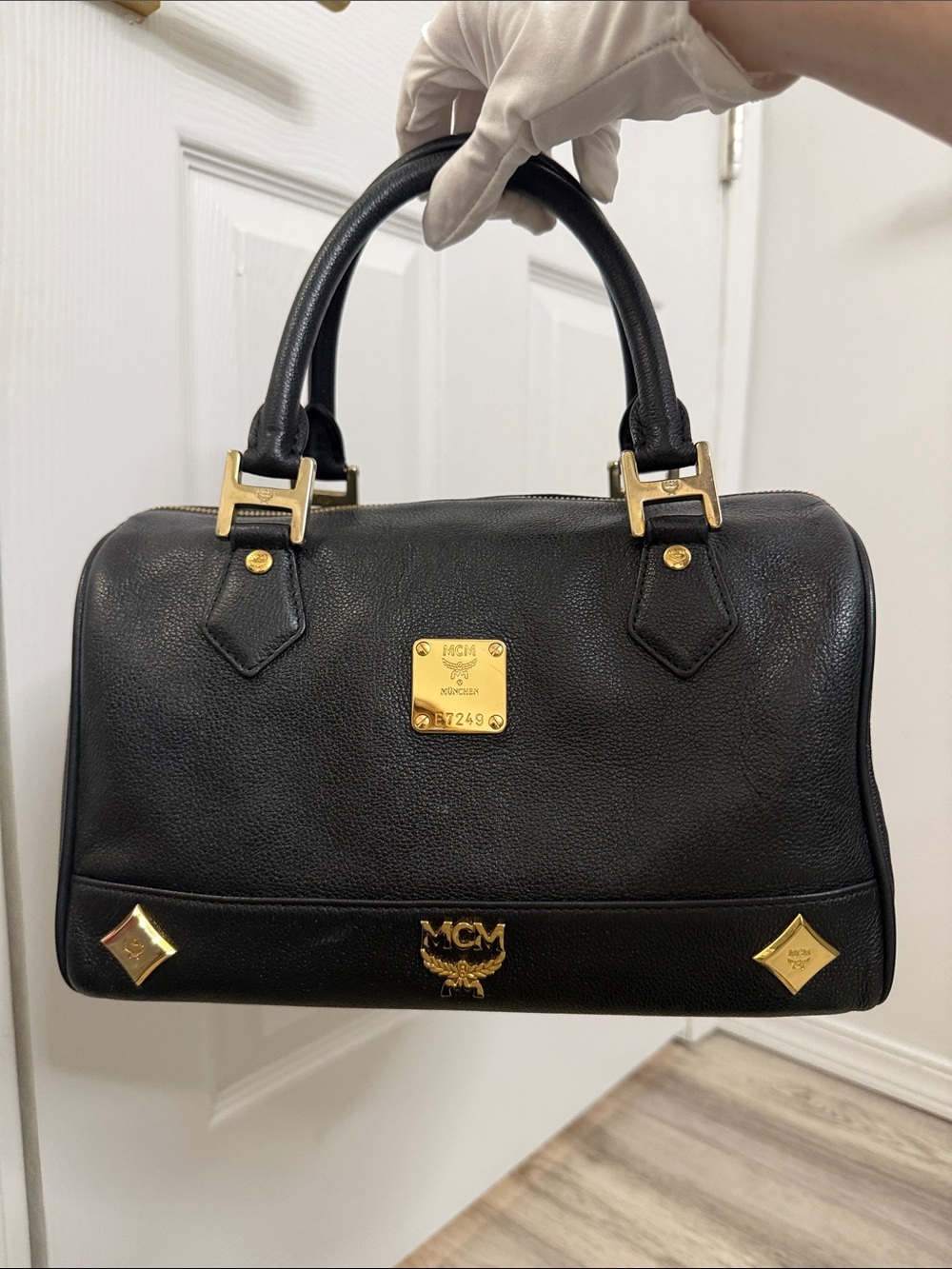 MCM Black Leather Boston Satchel Bag w/ Gold Hardware & Unbranded Chain